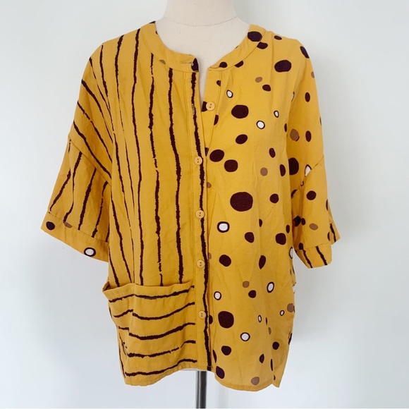 Silver Wishes Tops - Silver Wishes Short Sleeve Oversized Mustard Purple Print Button Down Top Size 8